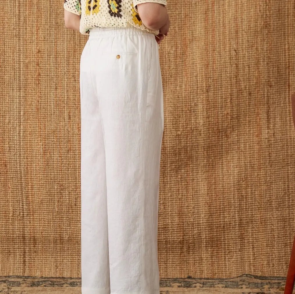 Women's linen straight-leg trousers with elasticated high waist in lace fabric