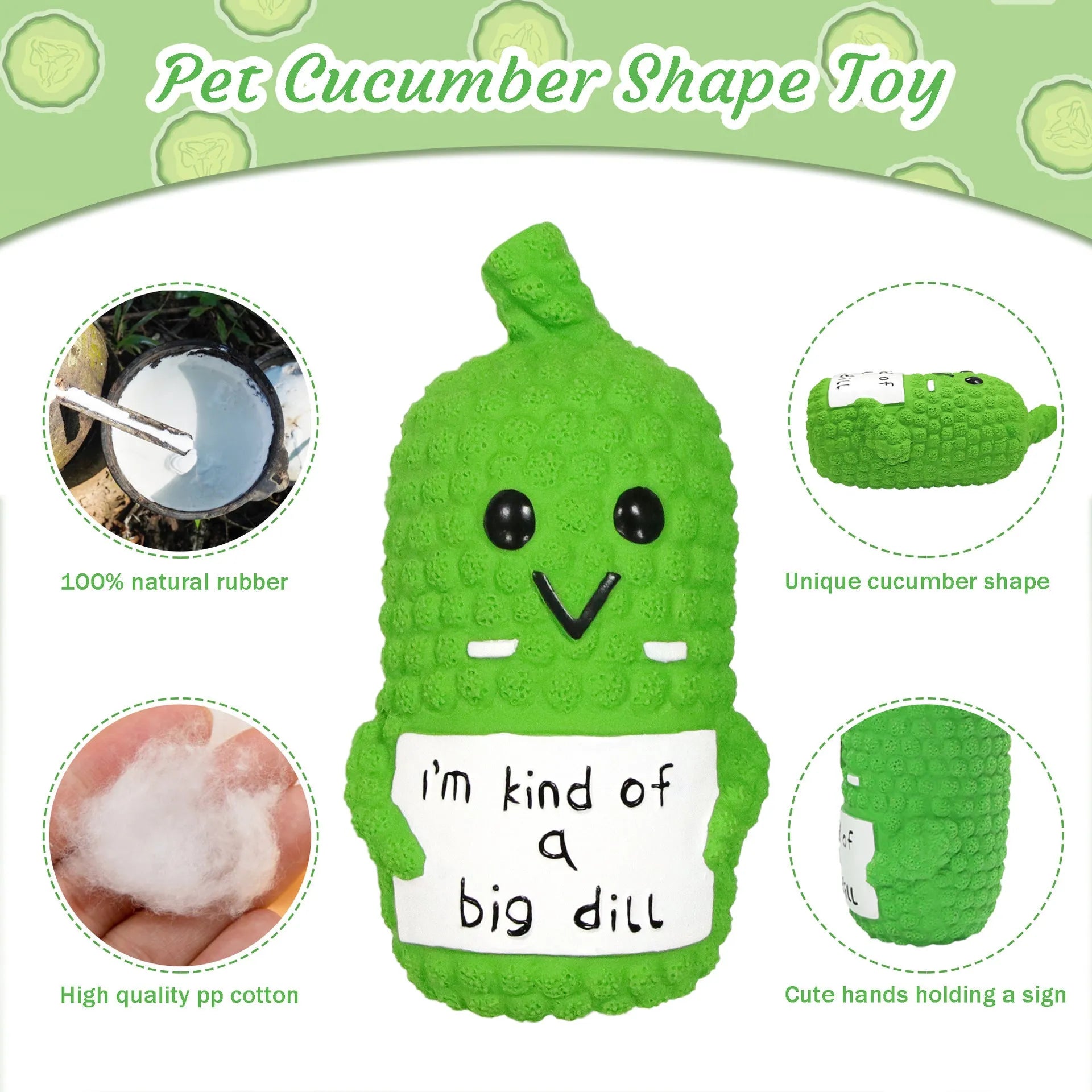 Green pickle-shaped squeaky dog chew toy with textured nubs on natural latex surface