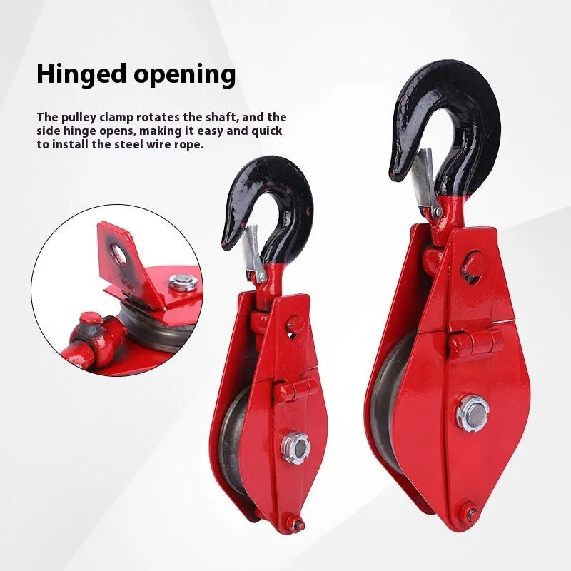 Red industrial steel lifting pulley with a forged hook and safety latch for wire rope.