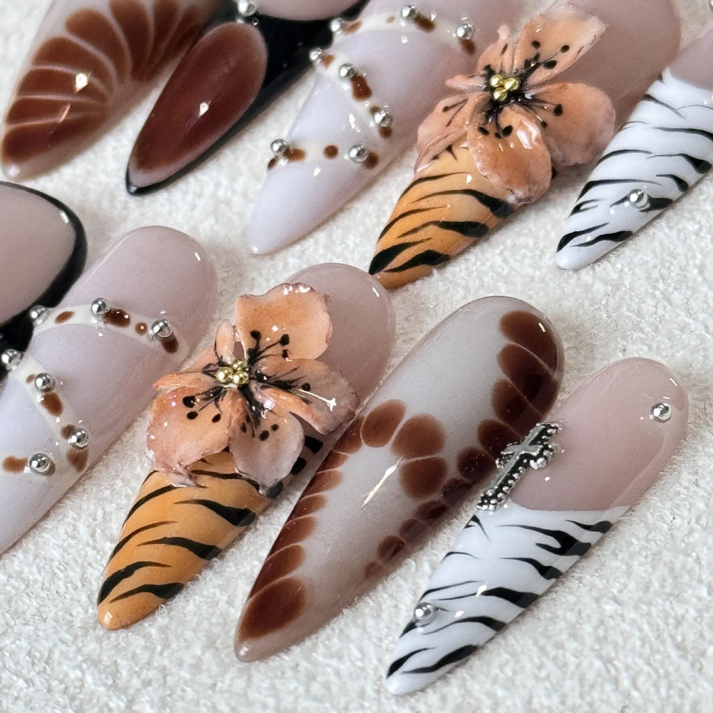 Handmade leopard print French style press-on nail tips with cross and floral patterns
