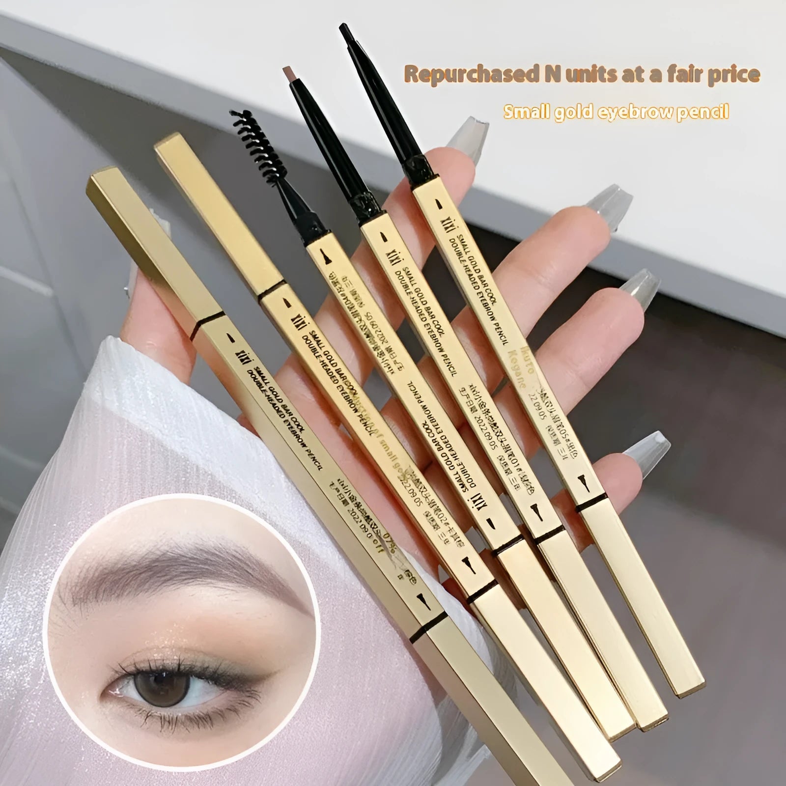 Small Gold Chopsticks Ultra-fine Eyebrow Pencil in five shades: light brown, kaki brown, dark brown, grey black, and black.