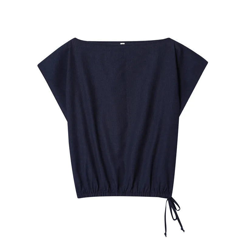 Women's linen blend co-ord set with off-neck flounced sleeve top and matching wide leg trousers