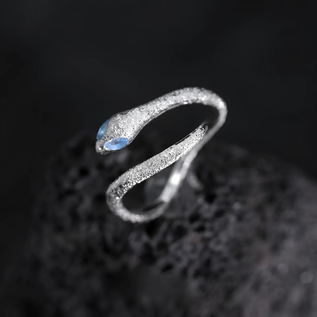 Sterling silver adjustable snake zodiac ring with platinum electroplated finish and cool minority styling