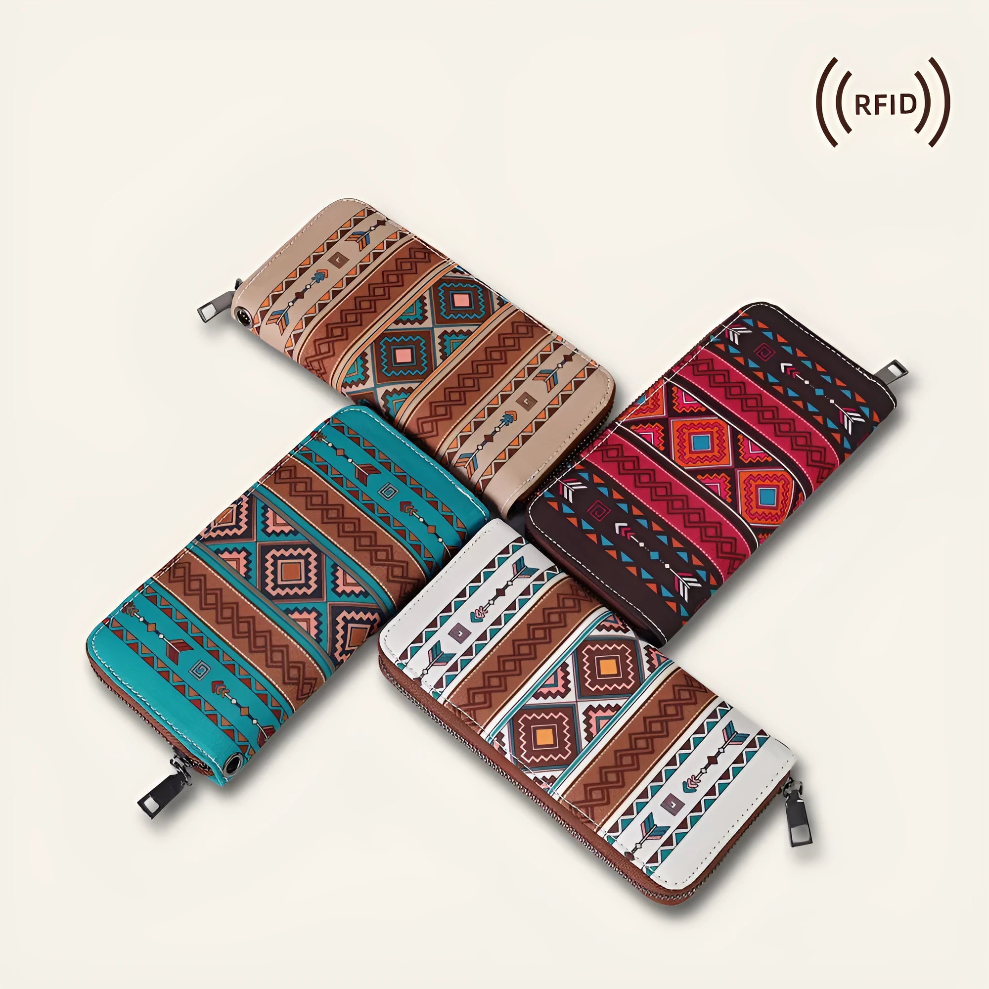 Bohemian striped canvas RFID-blocking wallet showing wind belt design in beige colour