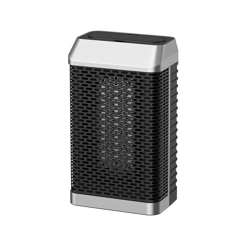 Black remote control desktop smart heater with compact rectangular design on a wooden surface.