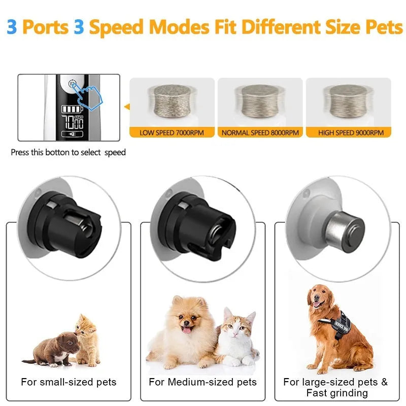 Electric dog nail trimmer with LED display showing speed settings and automatic piercing mechanism