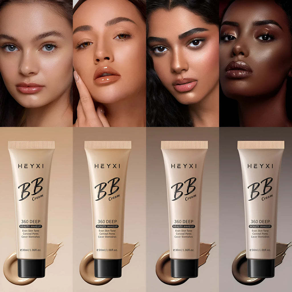 Waterproof and sweat-proof BB cream makeup in four colour shades 01, 02, 03, 04.