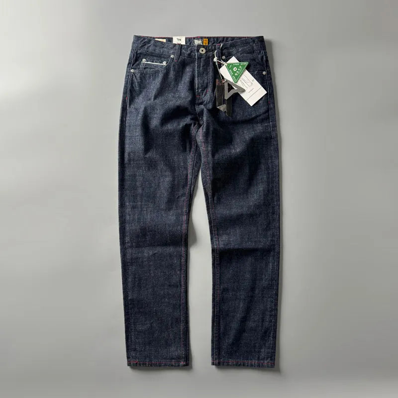Men's primary colour straight leg denim trousers on a mid-waist fit model.