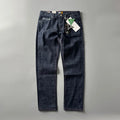 Men's primary colour straight leg denim trousers on a mid-waist fit model.