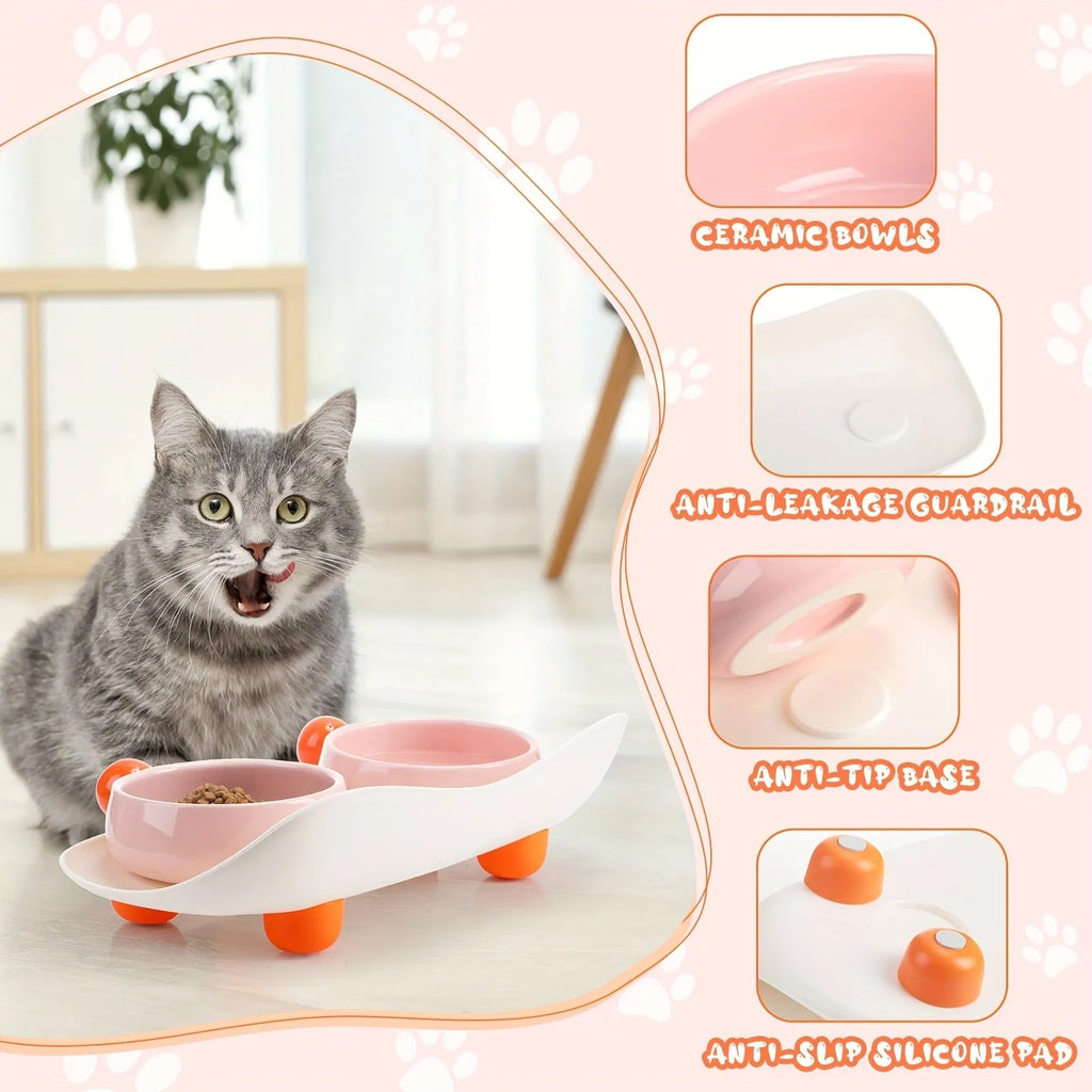 Raised ceramic dual pet feeding bowl in pink, yellow, or pink yellow with non-slip base