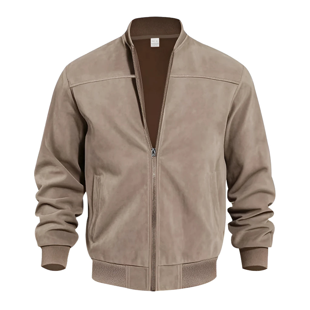 Men's plus size casual suede zip jacket in army green shown on a model