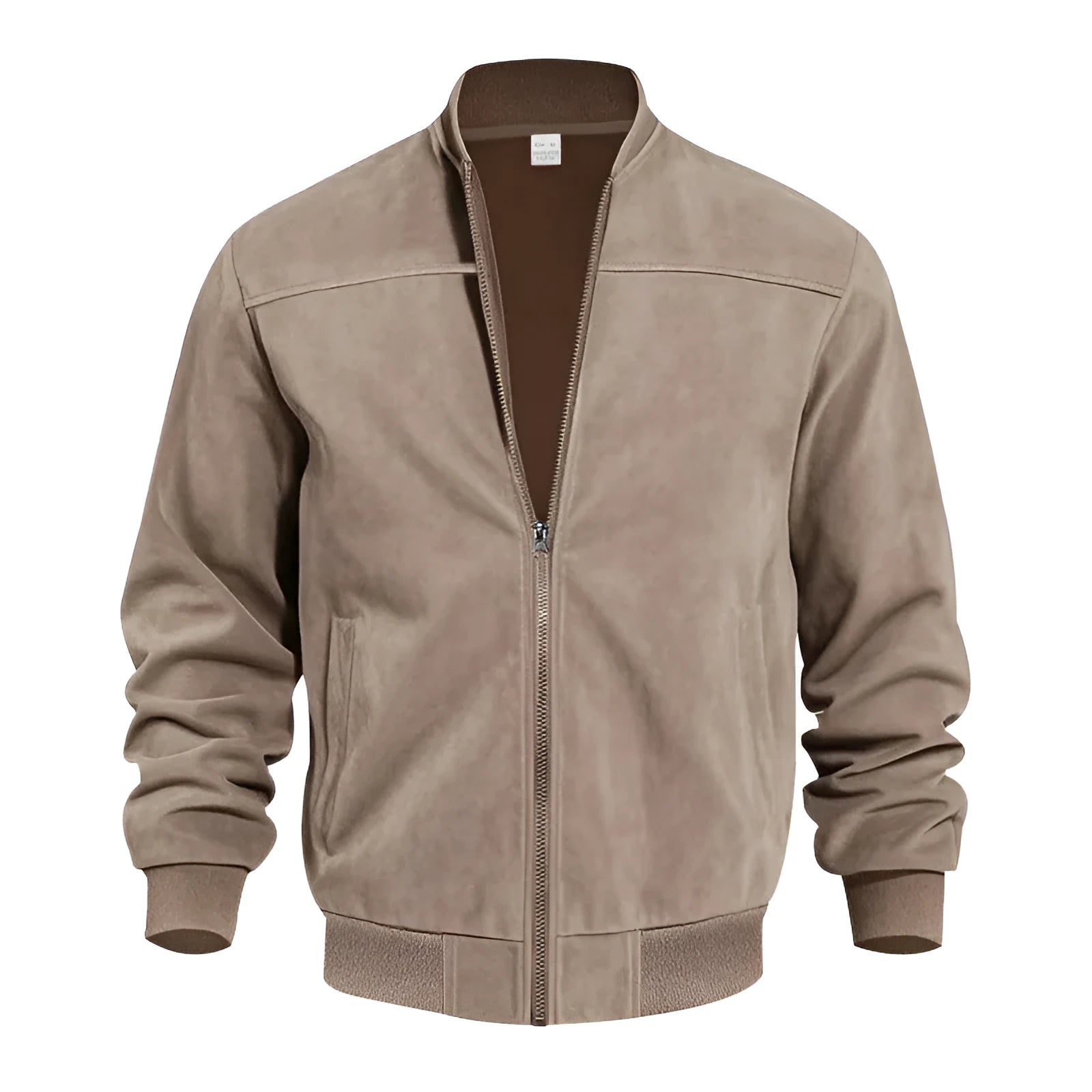Men's plus size casual suede zip jacket in army green shown on a model