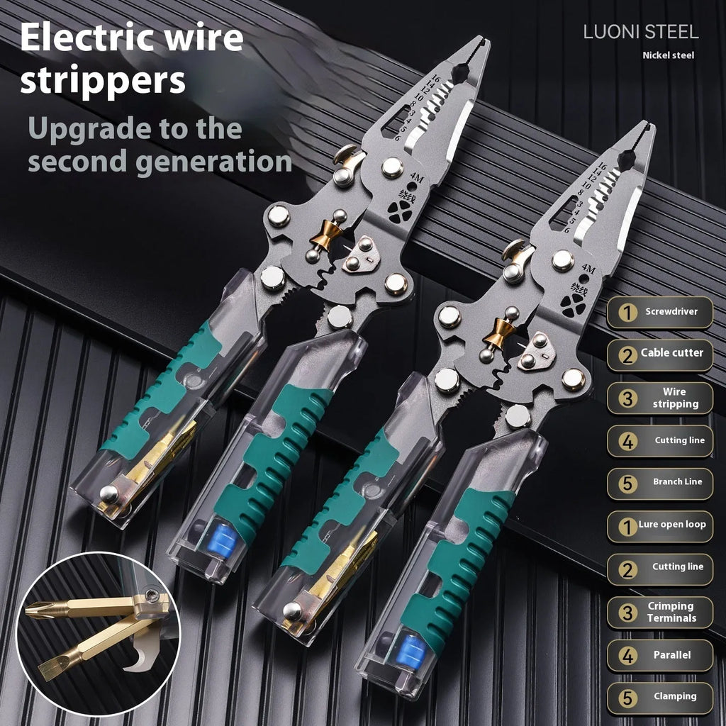 Thickened 8.8-inch electricians' pliers with wire stripper function and pointed nose design