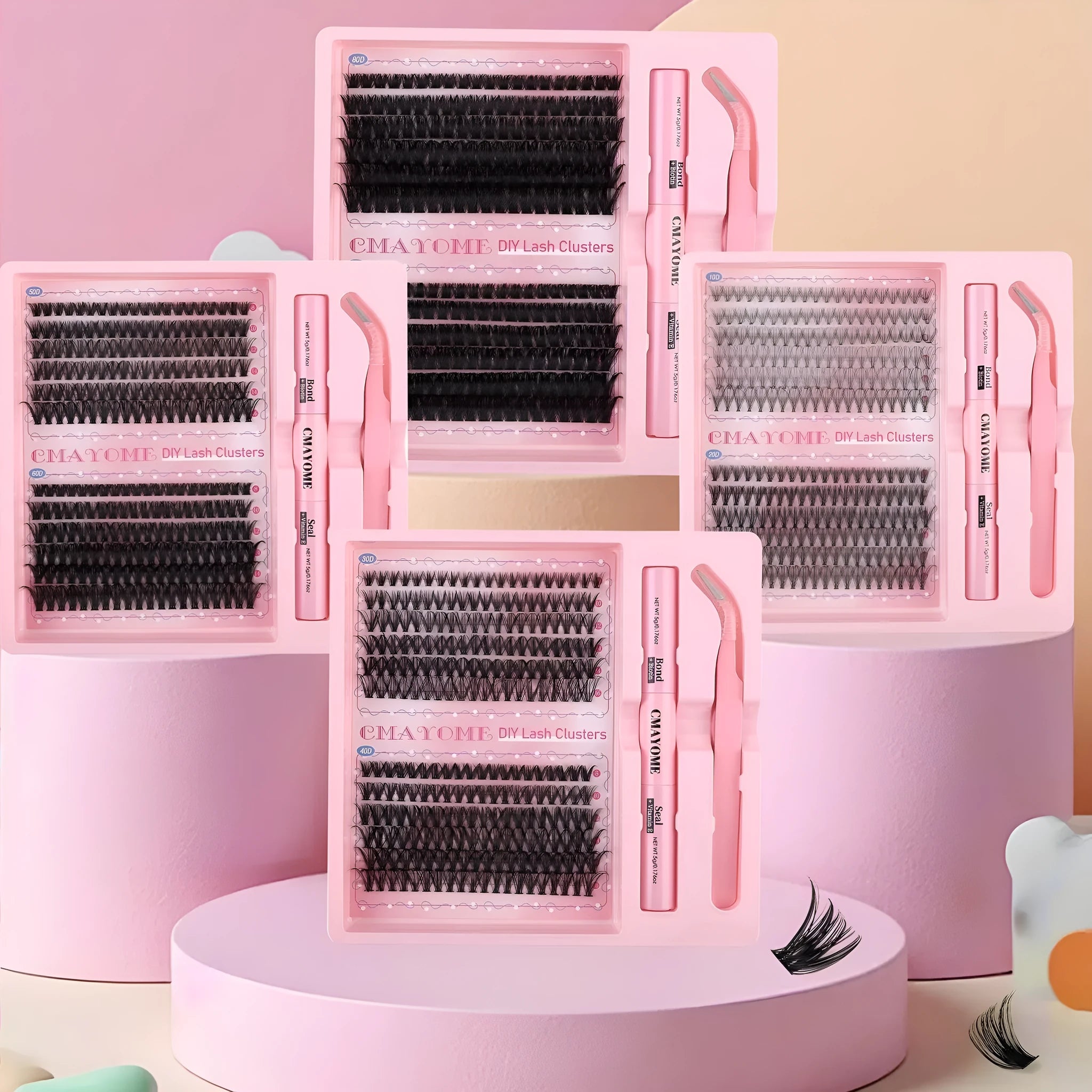 DIY single cluster individual false eyelashes with artificial fibre construction and mixed lengths