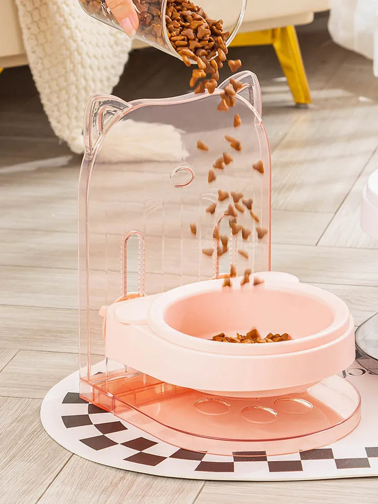Grey cat ear design anti spill pet feeding bowl with adjustable height and removable hanging cage