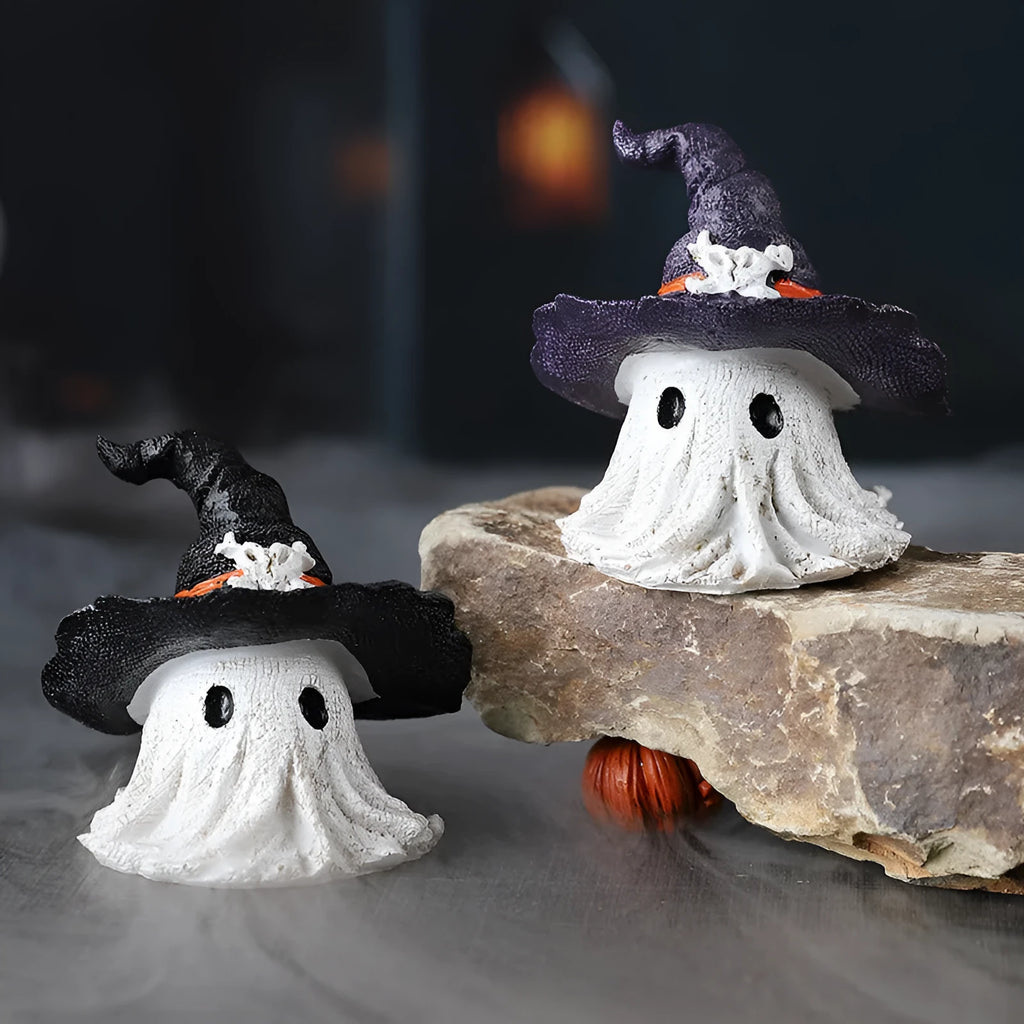 Resin wizard hat ghost ornament in kid-sized dimensions available in black or purple colour options
