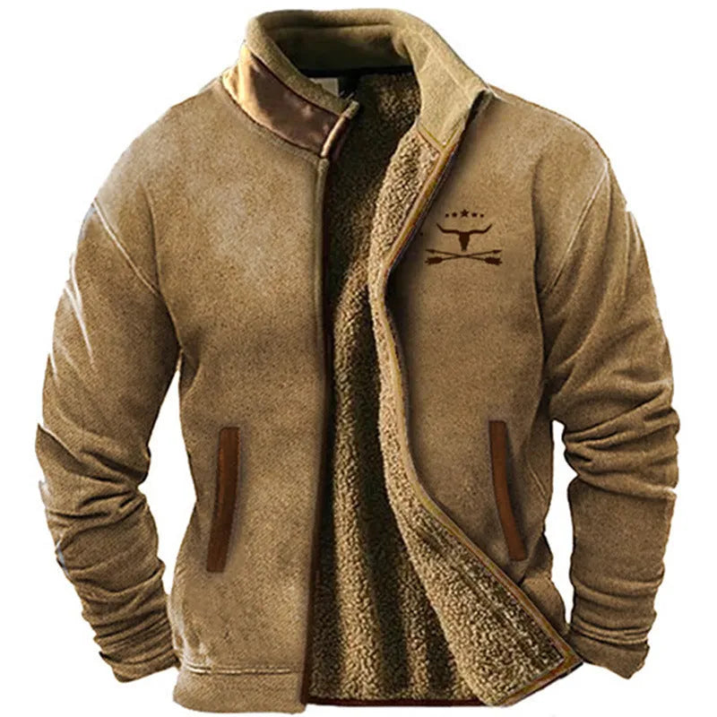 Men's blue padded fleece coat with a regular fit on a hanger.