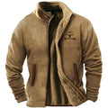 Men's blue padded fleece coat with a regular fit on a hanger.