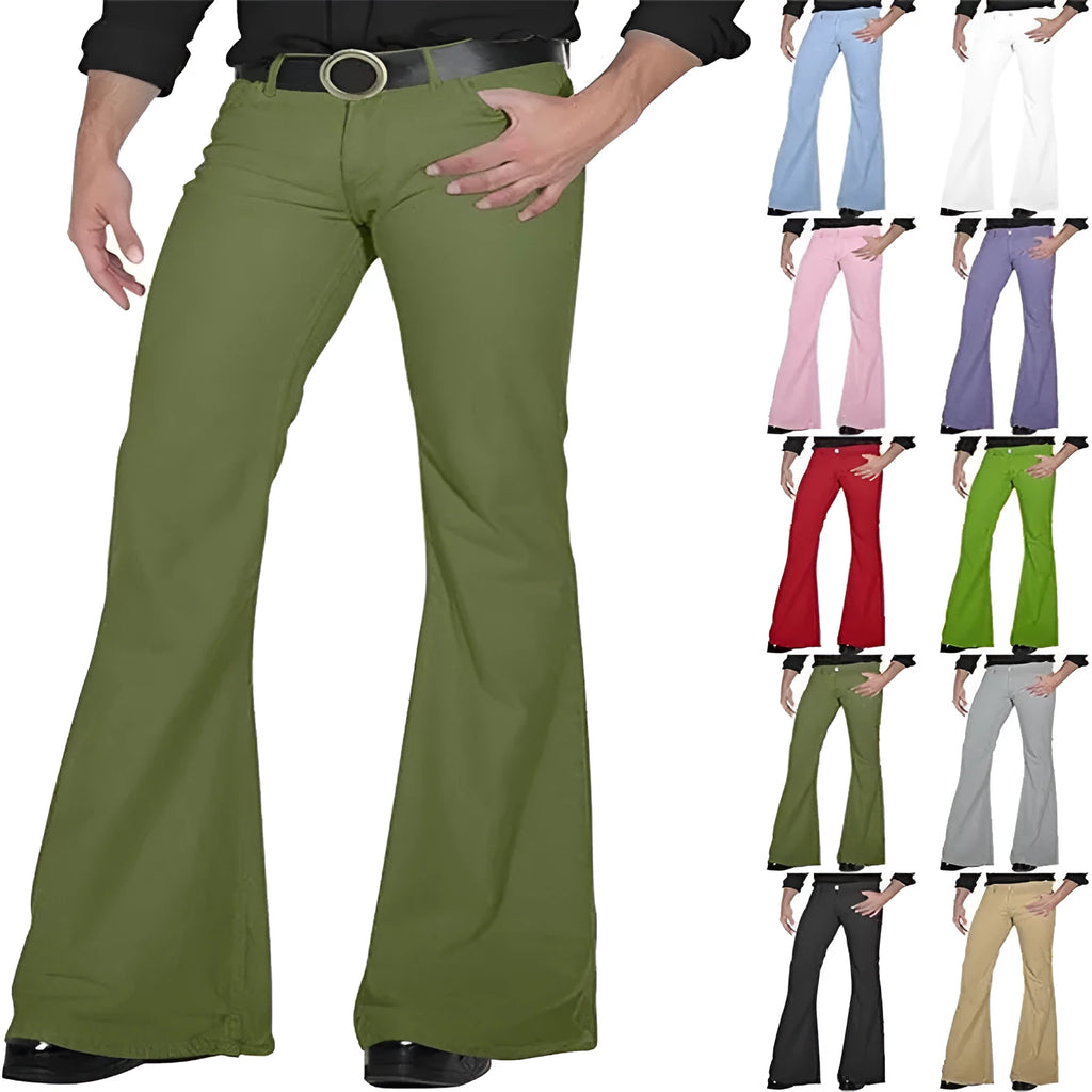 Solid colour high-elasticity polyester bell-bottom trousers, mid waist, zip placket, available in multiple colours including black and white
