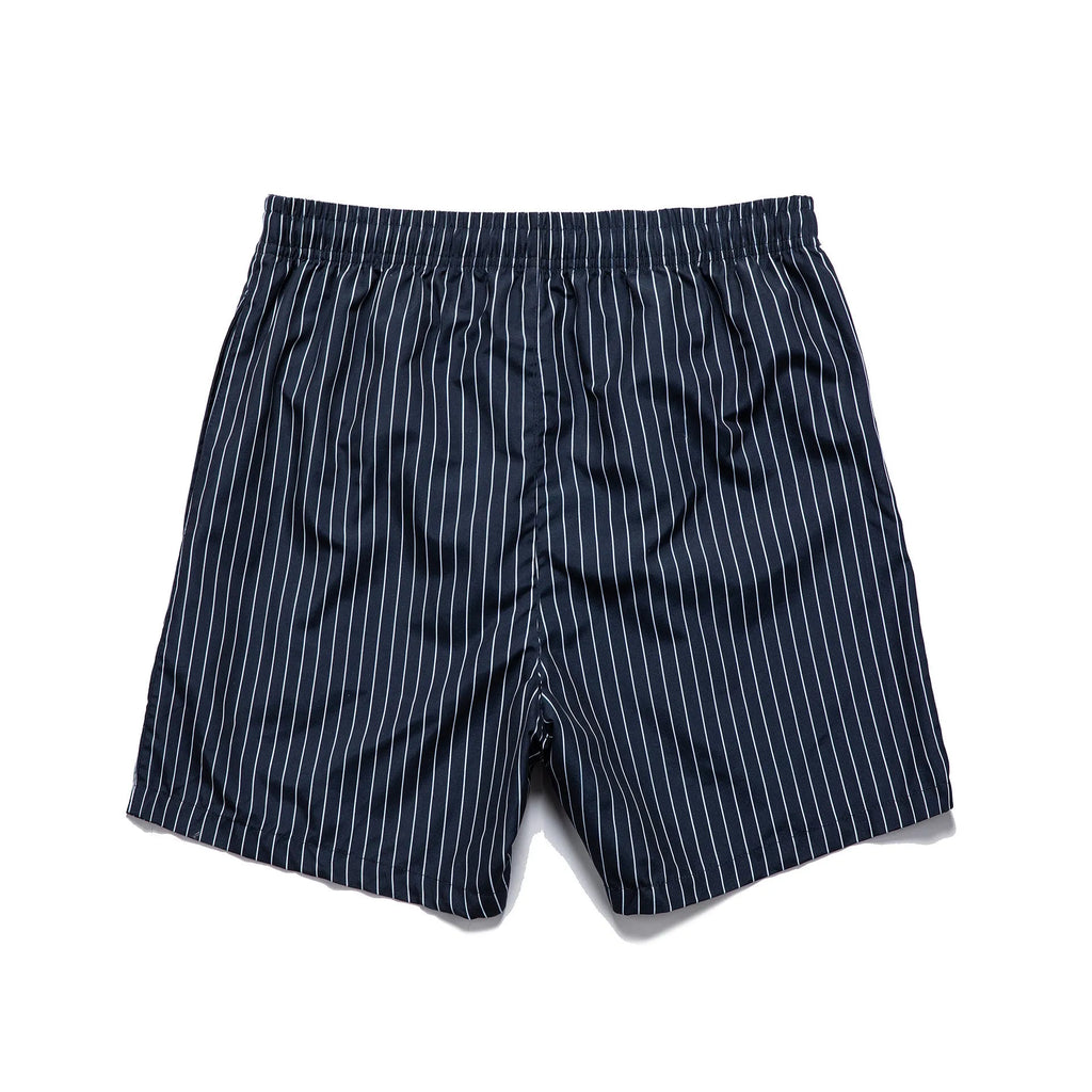 Men's navy blue striped beach shorts with straight leg opening and triangle lining