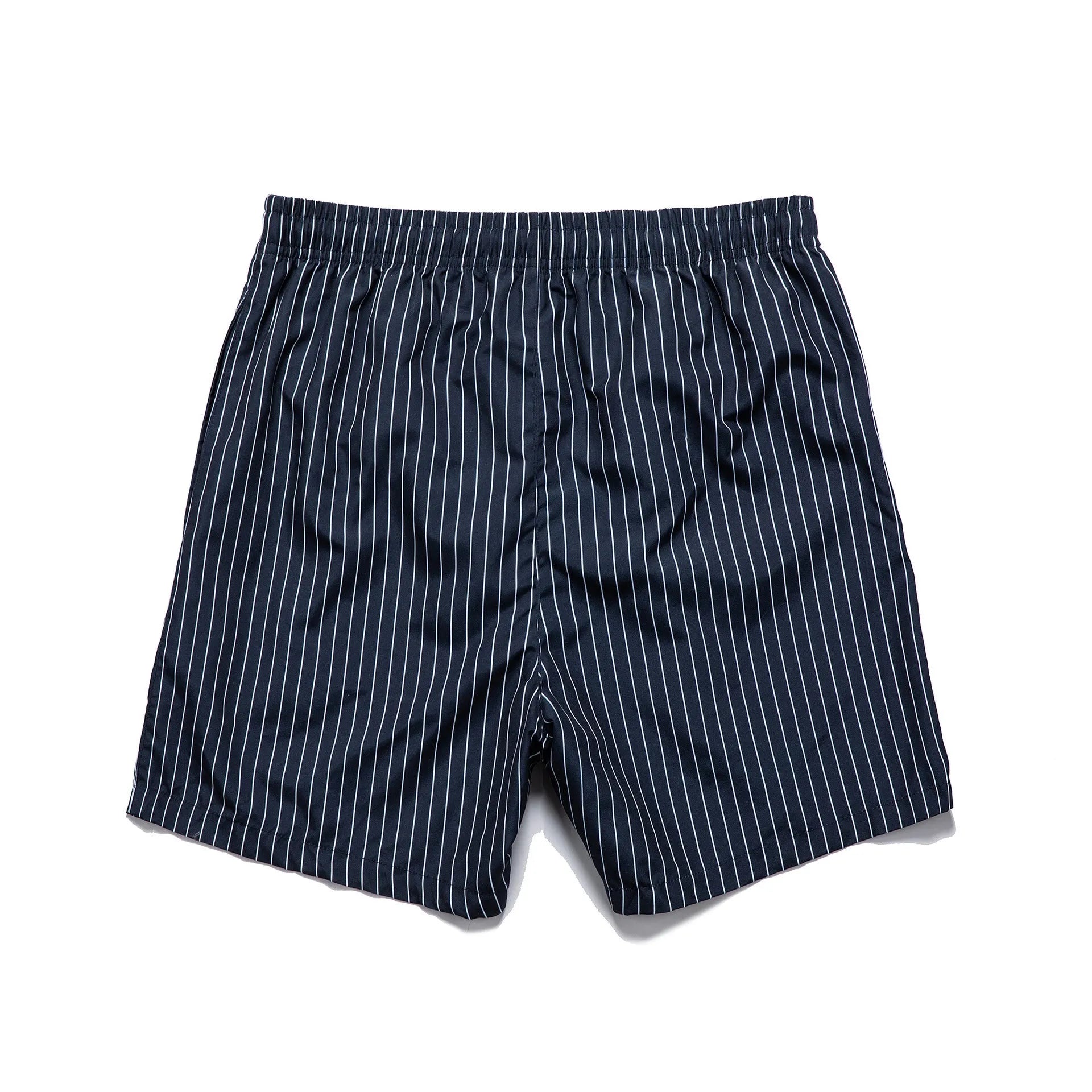 Men's navy blue striped beach shorts with straight leg opening and triangle lining
