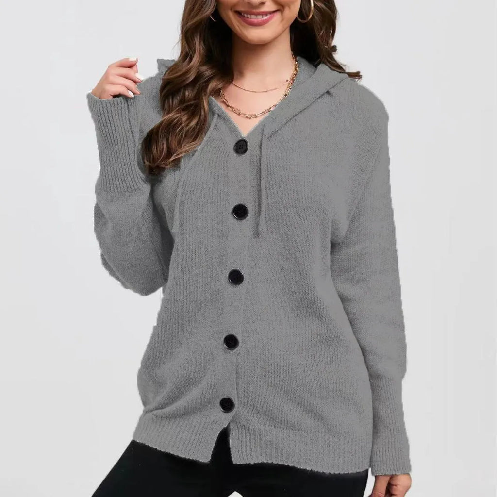 Women's thick cotton hooded cardigan sweater in loose fit, shown in army green colour with 3D texture.