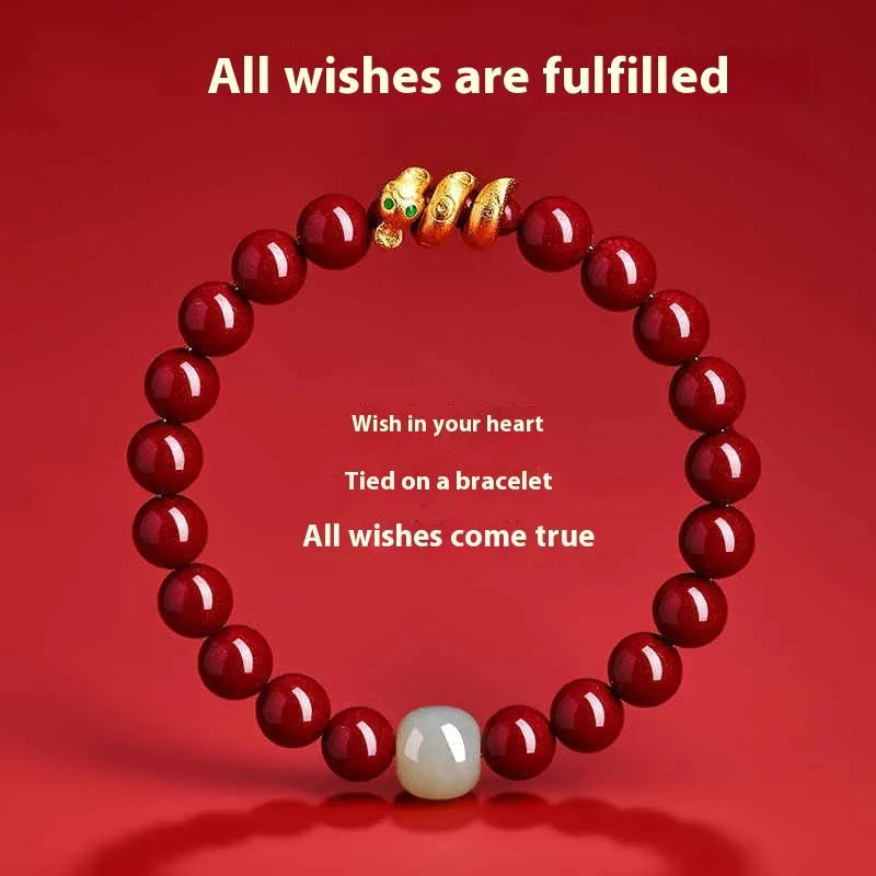 Handmade cinnabar Chinese zodiac bracelet with snake beads, shown in 6mm and 8mm size options.