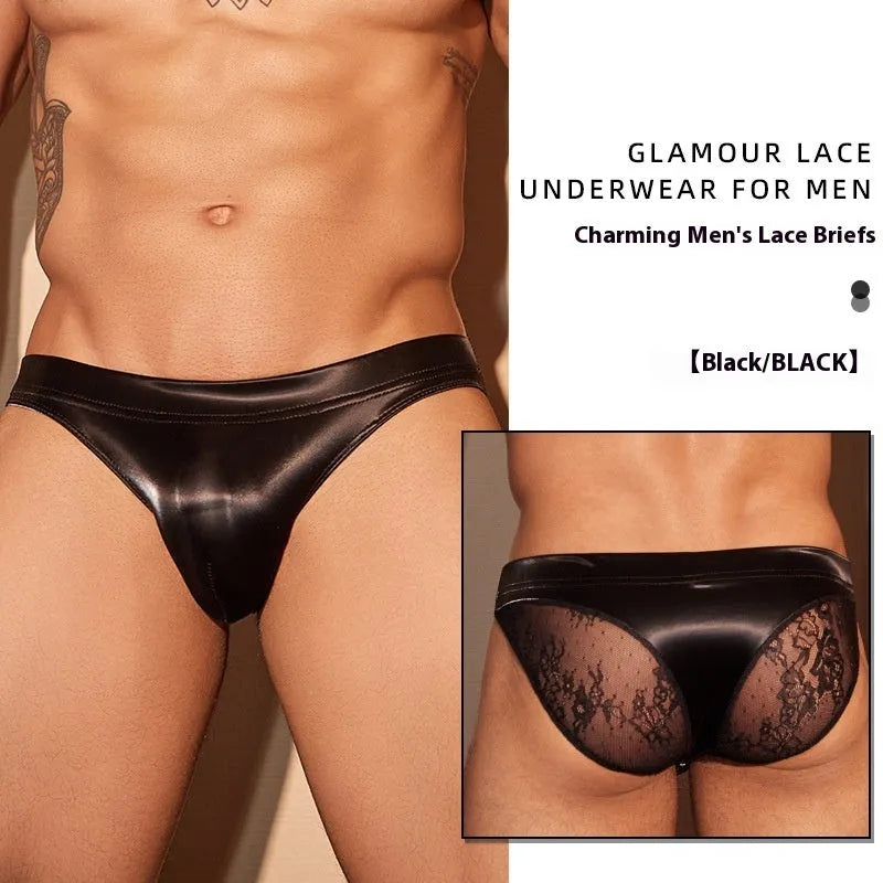 Mens black hipster briefs with shark skin lace texture and low-rise waistband
