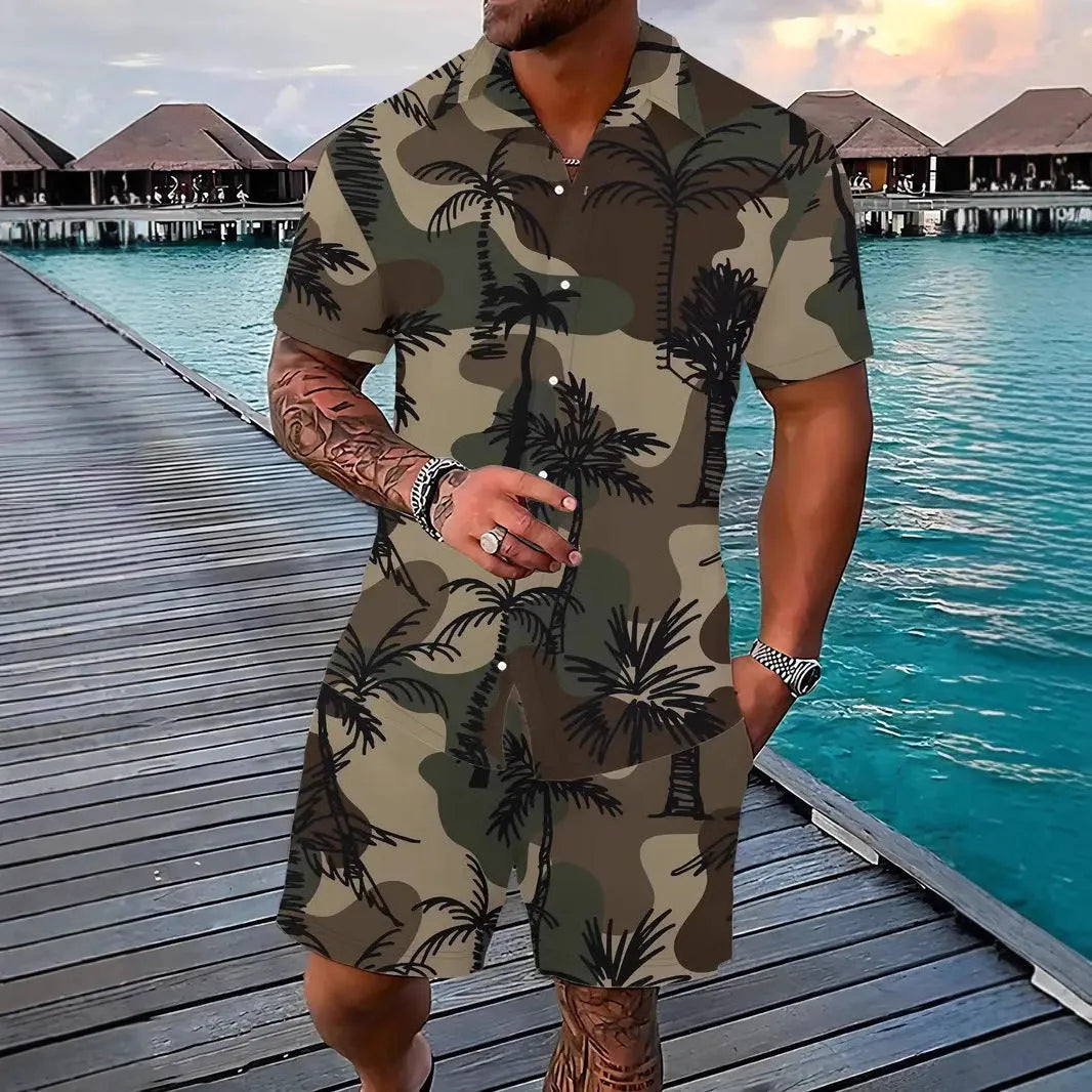 Men's 3D printed Hawaii pattern short sleeve top and matching shorts casual set