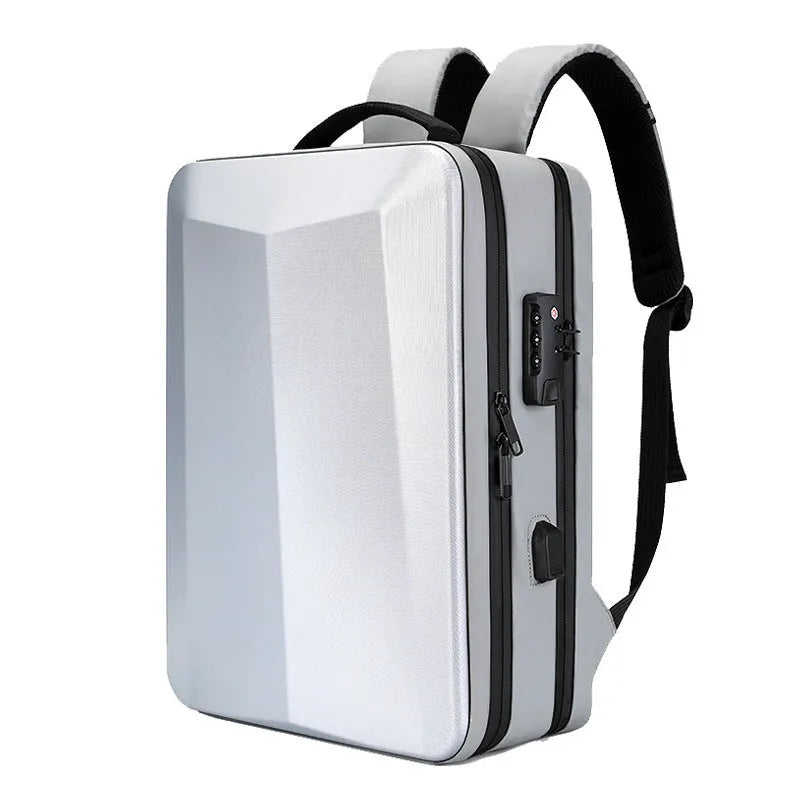 Men's waterproof business backpack with curved shoulder strap in black and silver white colours
