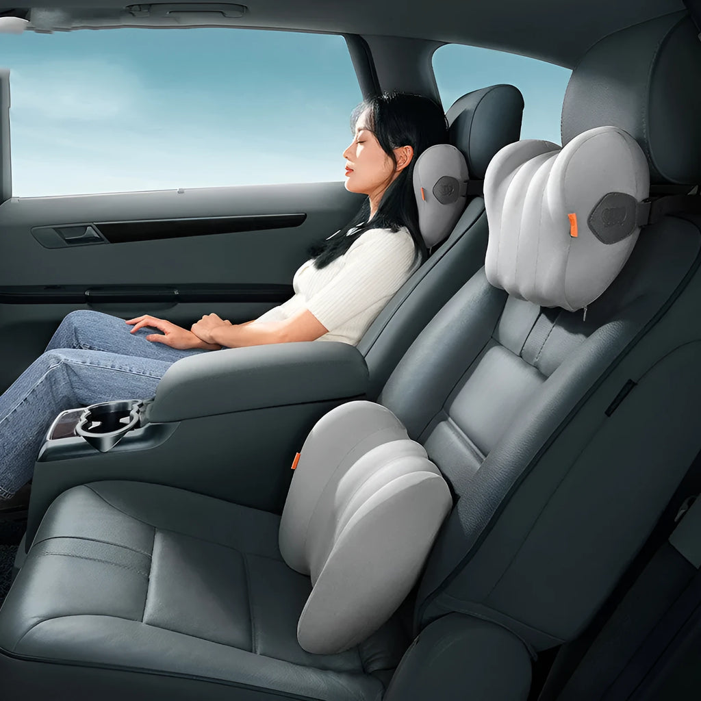 Grey and orange headrest and lumbar pillow set for suspension bin car driver comfort