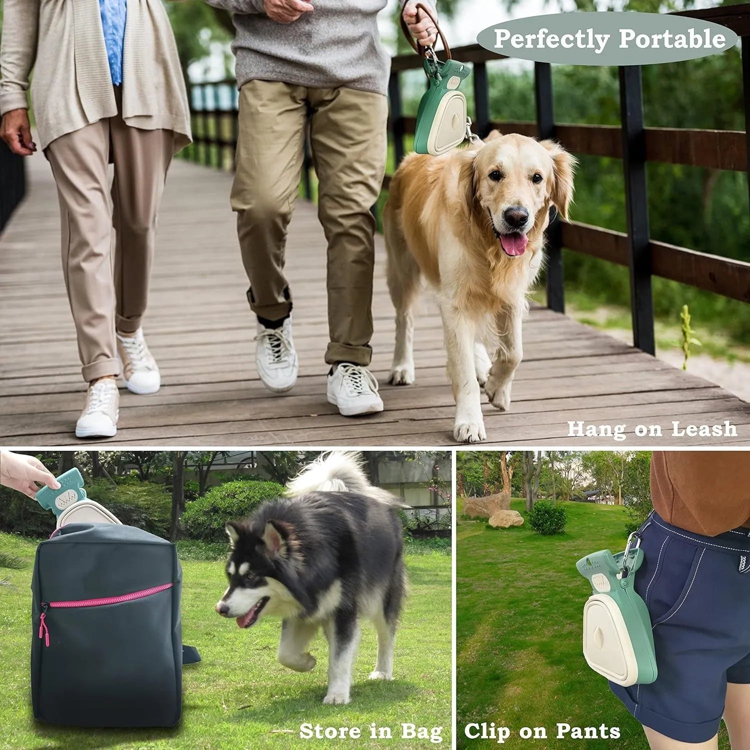 Blue portable dog pooper scooper with clip, shown with expanded waste container and bag dispenser.