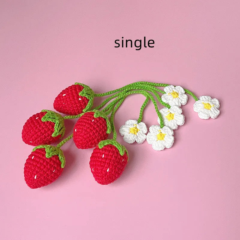 Handmade red and pink wool crochet strawberry pendant necklace on a 35cm cord