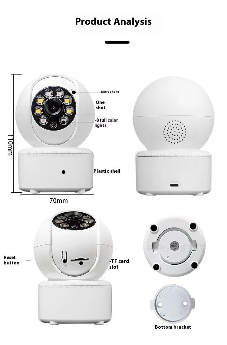 1080p HD Bluetooth indoor home security camera with dual-light panoramic view on a ceiling mount.