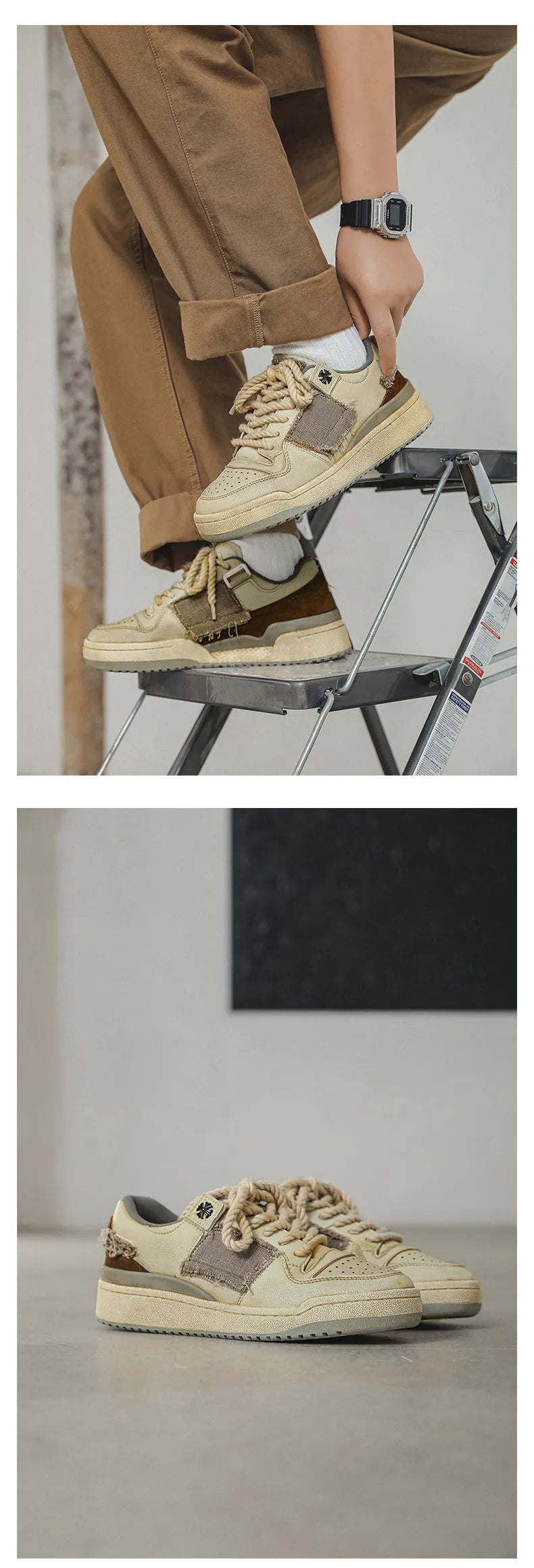 Beige vintage skateboard shoes with patch design, low-top cut, and round toe