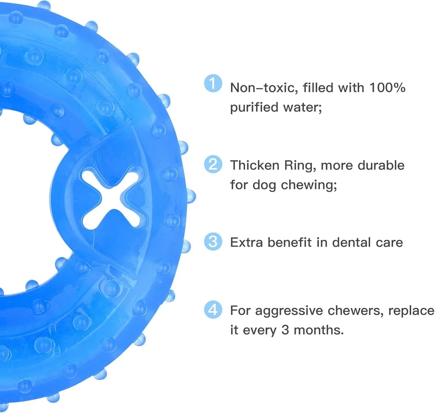 Freezable plastic dog chew toy filled with water for cooling and teething relief.