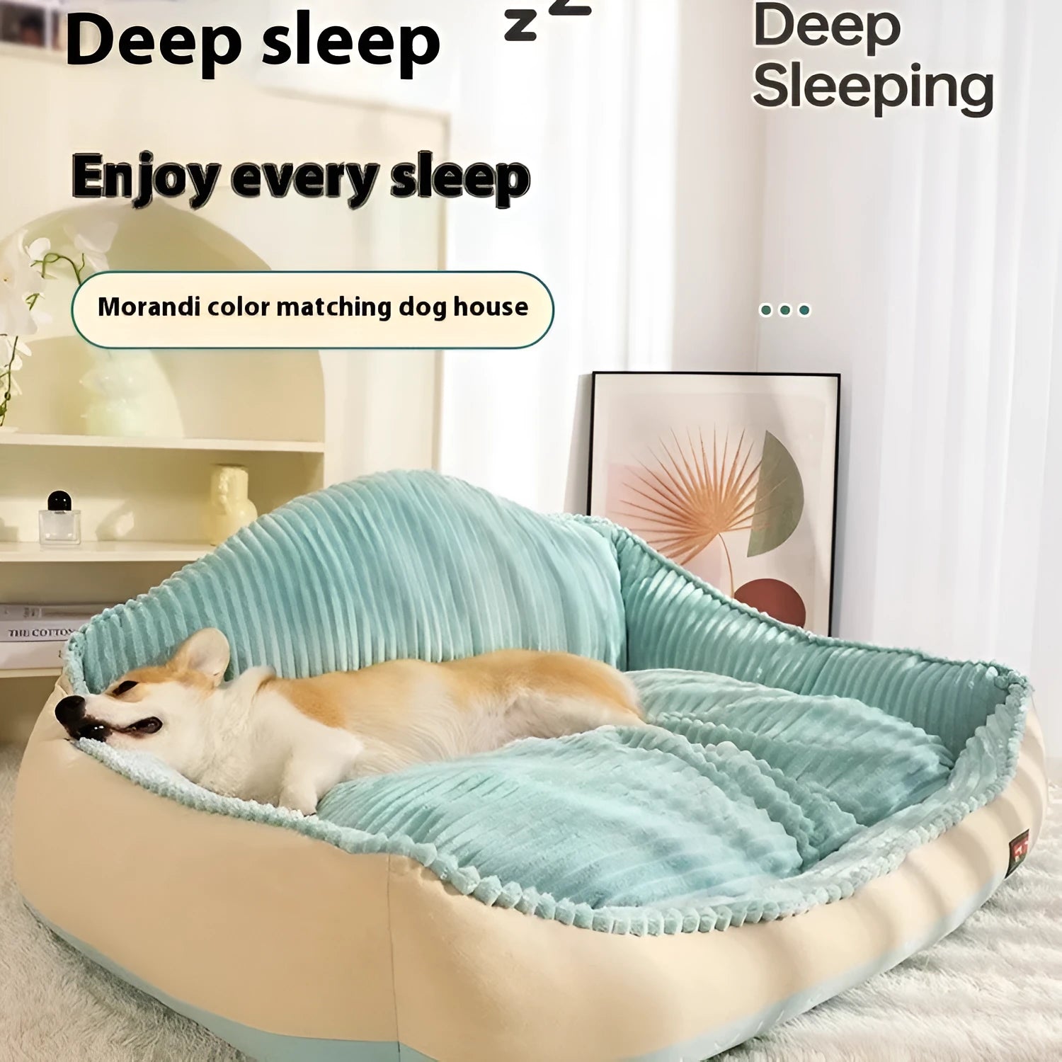 Morandi-colour removable washable pet bed for sofa, shown in Medium and Large sizes for dogs and cats.