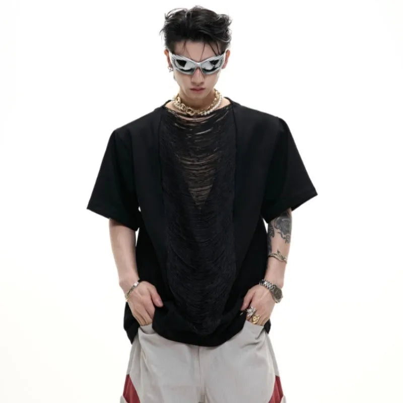 Men's drum black loose fit t-shirt with a hollow-out V-neck design and short sleeves.