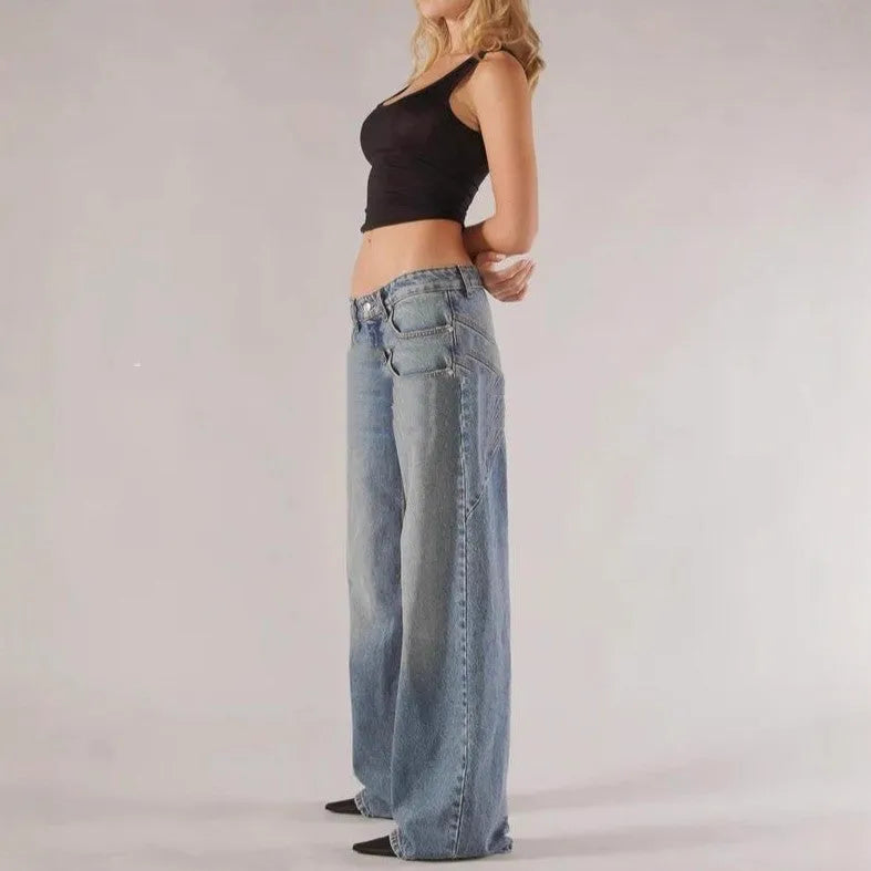 Women's blue cotton loose straight wide leg mop trousers with low waist design