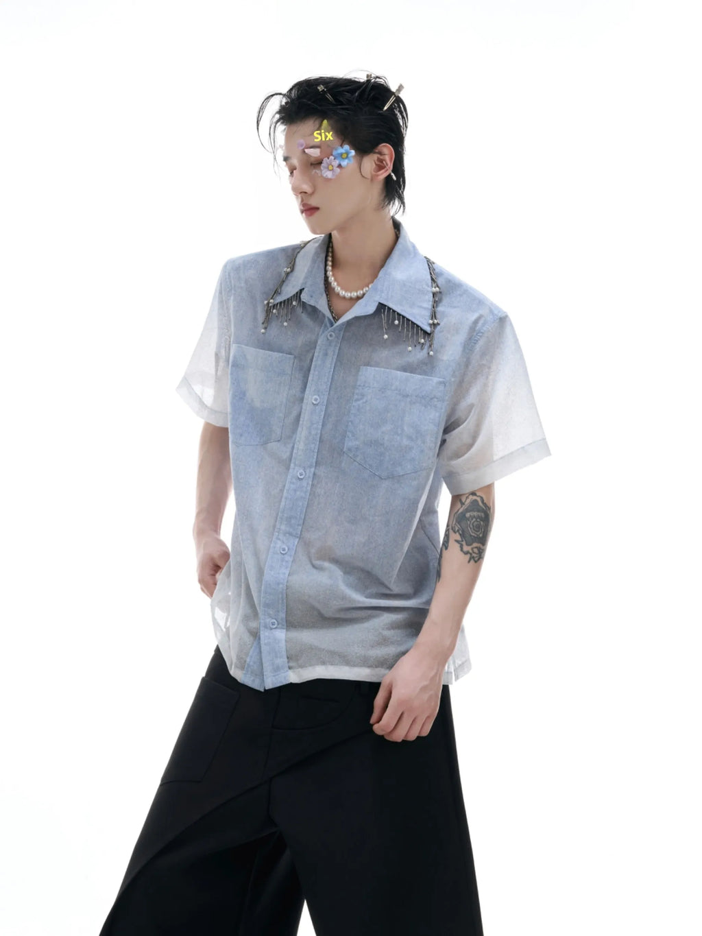 Blue and white gradient loose fit men's short sleeve casual summer shirt