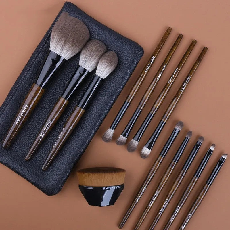 12-piece makeup brush set in PU roll case with wooden handles