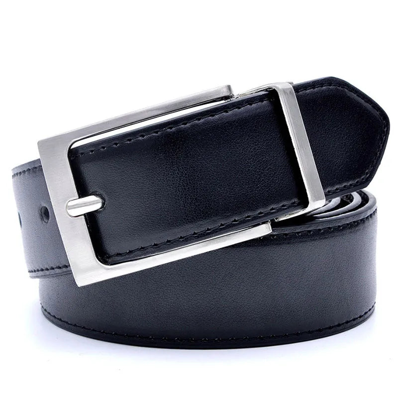 Men's brown and black genuine leather belt with rotating alloy pin buckle shown at 120cm length