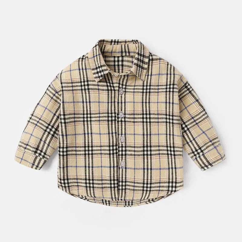 Boys' cotton lattice shirt with animal cartoon patterns in khaki, light blue, pink, and yellow colours