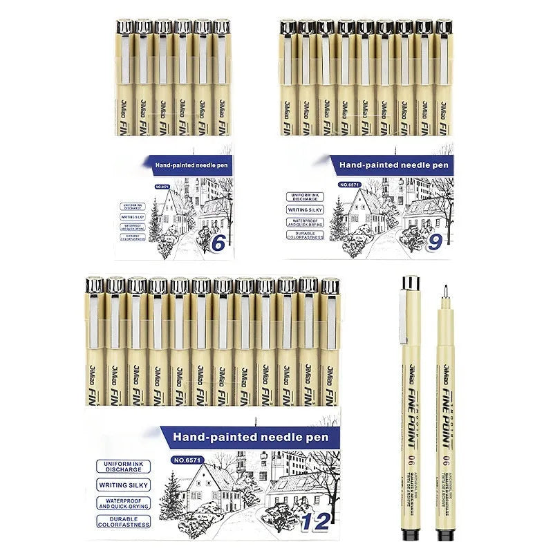 Waterproof hook tip needle drawing pen with black ink for sketch and cartoon line art.