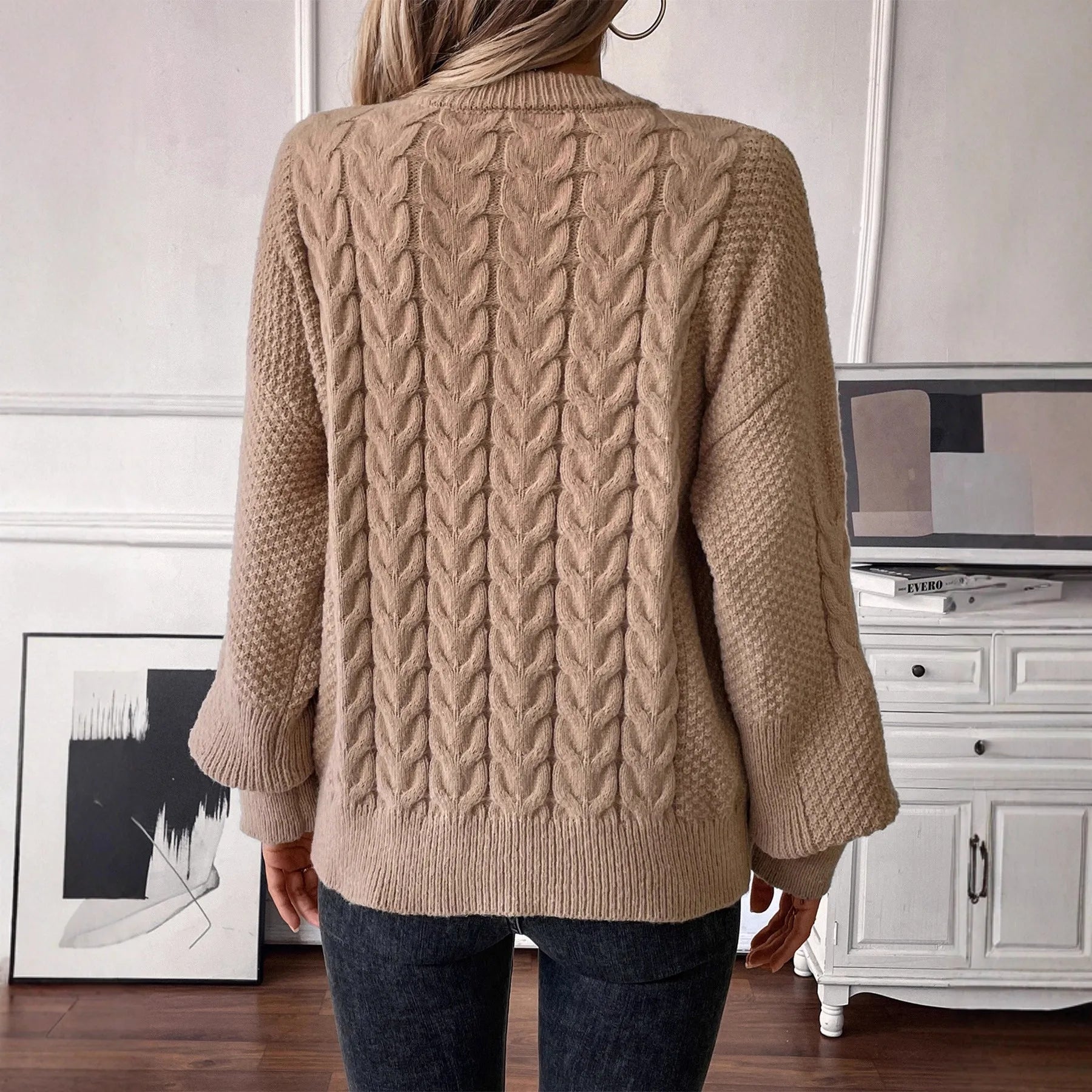 Women's loose casual pullover sweater in solid khaki colour with round neck and regular sleeves