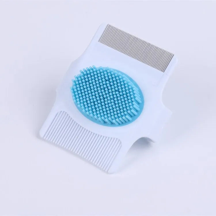 Blue or green multifunctional pet grooming comb for hair removal and massage, 8.5 cm long.