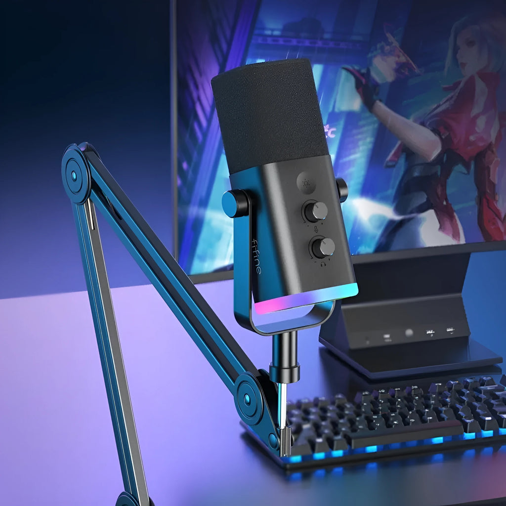 Dynamic noise reduction microphone in black colour with XLR cable, USB cable, and black desk base bracket.