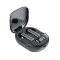 Black and white wireless Bluetooth in-ear headphones with a charging case on display.
