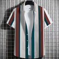 Men's striped linen short sleeve t-shirt with 3D printing texture, laid flat.