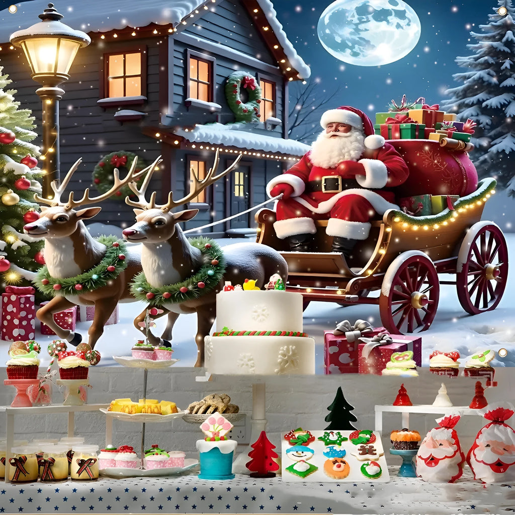 Christmas banner with Santa Claus night scene measuring 210 by 150 cm